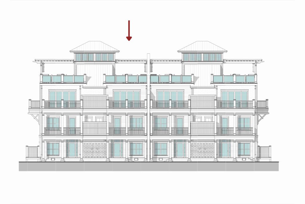 Front exterior rendering of 106 Whitehall Drive, a new construction coastal townhome for sale in the Whitehall Point community on Lady's Island near Beaufort, South Carolina.