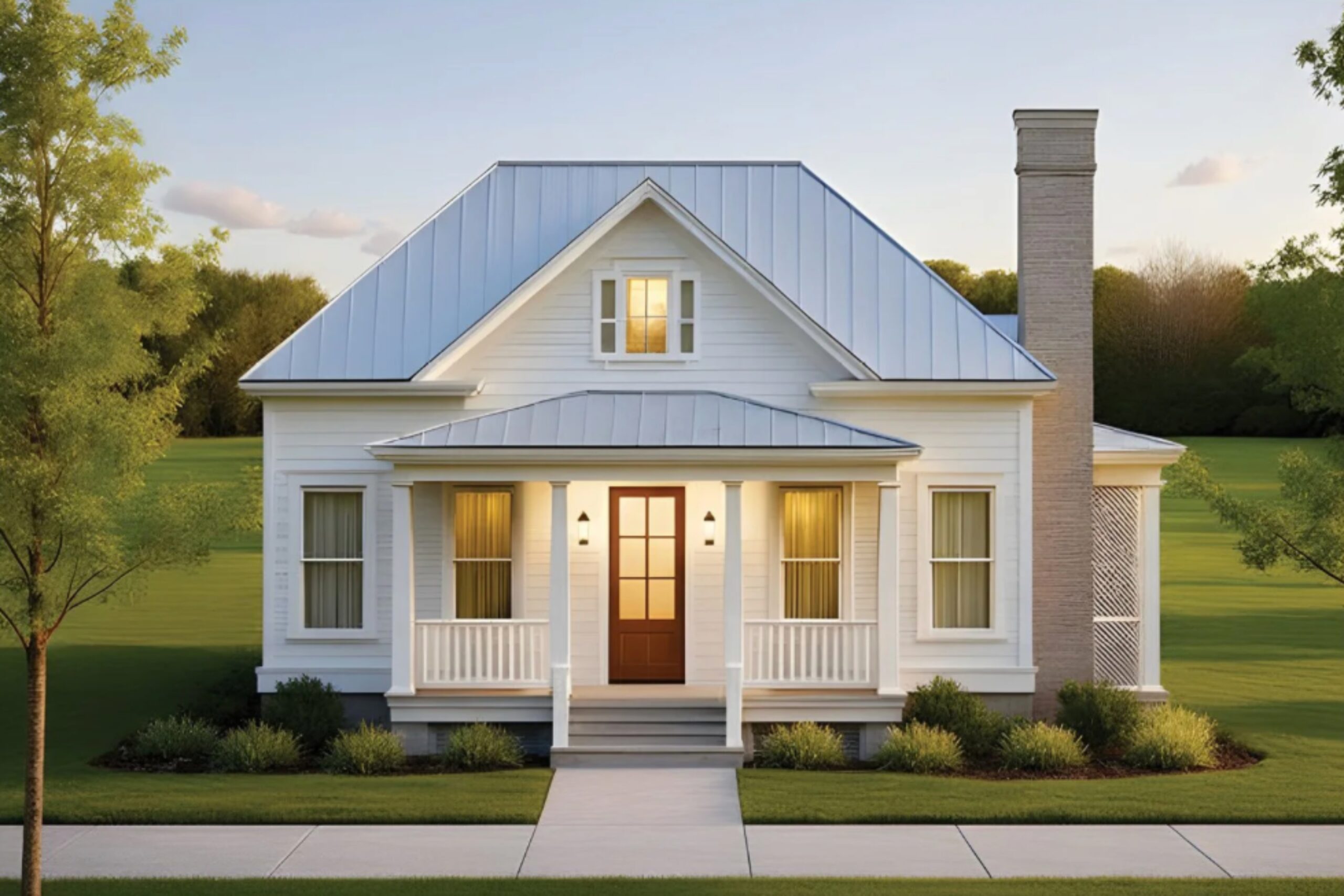 Brookhaven house plan featuring Lowcountry cottage architecture with covered front porch, metal roof, and three-bedroom layout in Habersham Beaufort SC
