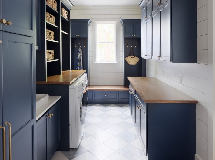 Renovated mudroom in Habersham, SC home featuring custom cabinetry and built-in storage, part of the kitchen and living space renovation by Allen Patterson Builders.